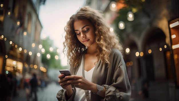 Bella giovane donna con i capelli ricci che usa lo smartphone in città