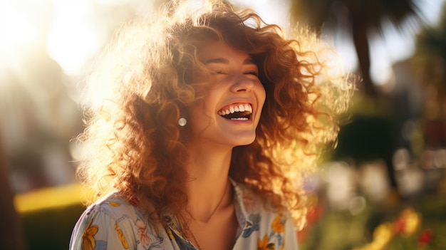 Bella giovane donna con i capelli ricci sorridente in natura in una giornata di sole