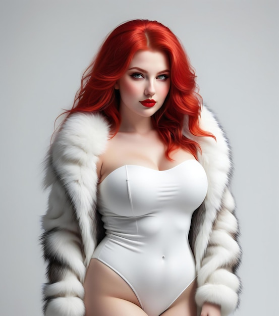 Bella giovane donna con i capelli rossi in cappotto di pelliccia bianca