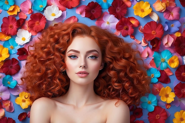 Bella giovane donna con i capelli rossi ricci e petali colorati