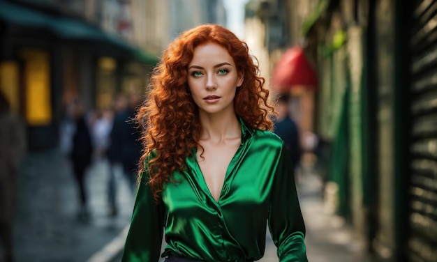 Bella giovane donna con i capelli rossi ricci in un vestito verde in città di notte ai generativo