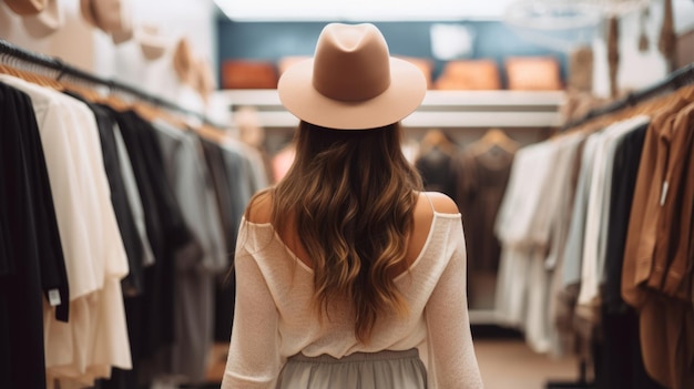 Bella giovane donna con il cappello che guarda i vestiti nel negozio sul retro