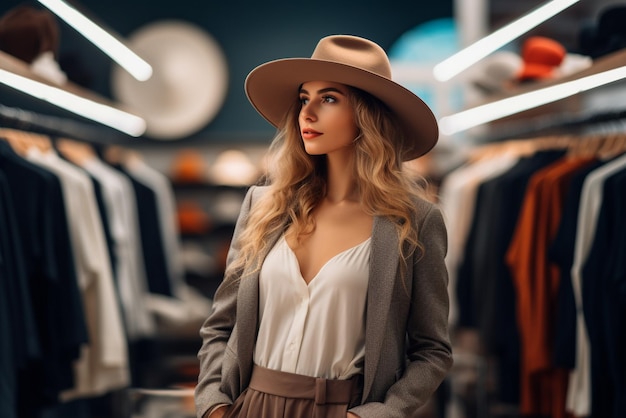 Bella giovane donna con il cappello che guarda i vestiti nel negozio