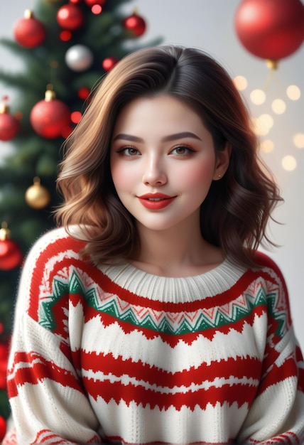 Bella giovane donna con il maglione di Natale sullo sfondo dell'albero di Natale