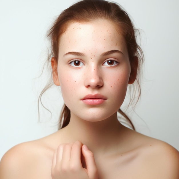 bella giovane donna con l'acne sul viso sfondo bianco a grandezza naturale