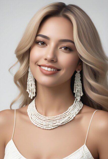 Bella giovane donna con lunghi capelli biondi e una collana di perle bianche
