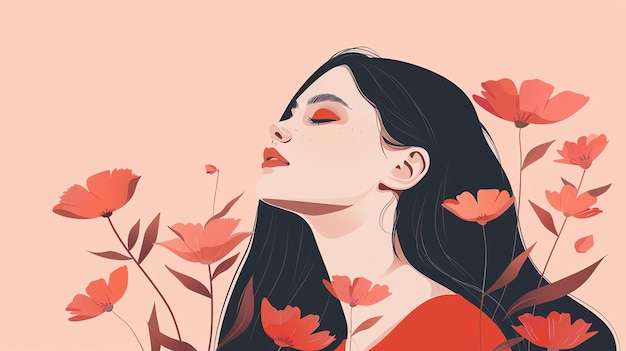 Bella giovane donna con lunghi capelli neri labbra rosse e lentiggini sul viso è circondata da fiori rossi e ha gli occhi chiusi
