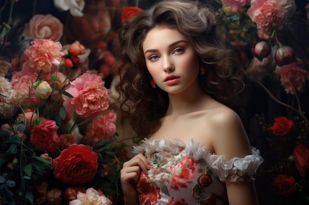 Bella giovane donna con lunghi capelli ricci e fiori nei capelli Elegante giovane donna con bellissimi fiori AI Generato