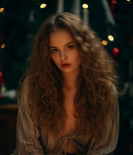 Bella giovane donna con lunghi capelli ricci e labbra rosse sullo sfondo dell'albero di Natale
