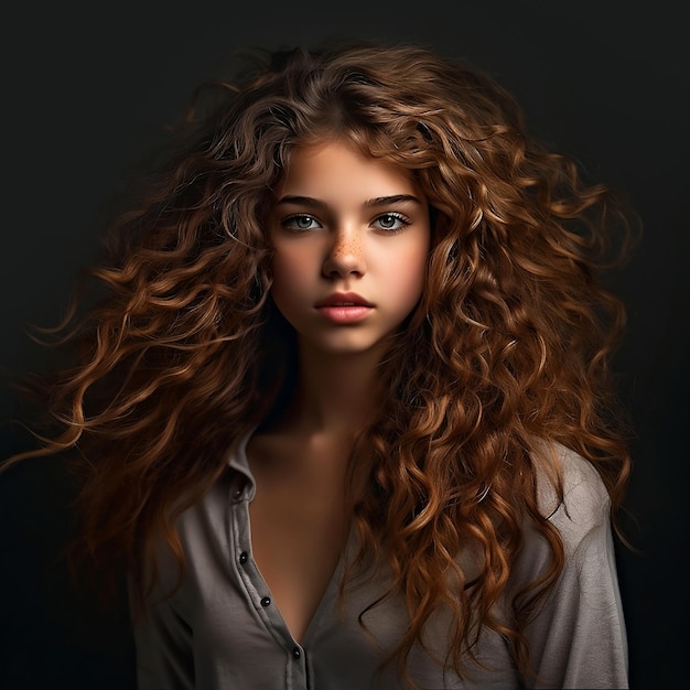 Bella giovane donna con lunghi capelli ricci Ritratto su sfondo scuro