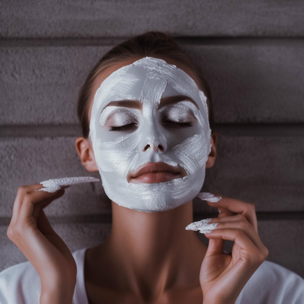 Bella giovane donna con maschera facciale sul viso nel salone spa