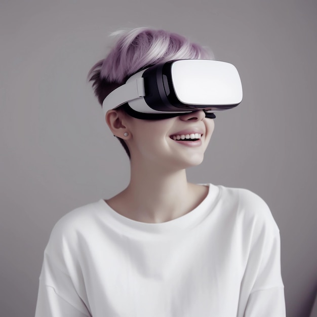 Bella giovane donna con occhiali di realtà virtuale futuristici sulla testa