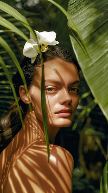 Bella giovane donna con orchidee nei capelli in piedi nella giungla tra le foglie di palma guardando t