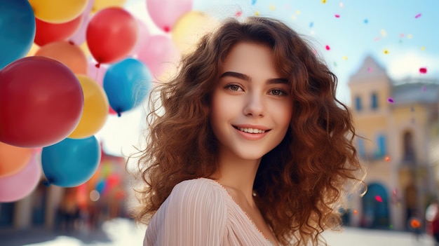 Bella giovane donna con palloncini colorati in strada cittadina