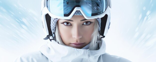 Bella giovane donna con un casco da sci e occhiali su uno sfondo chiaro AI generativa