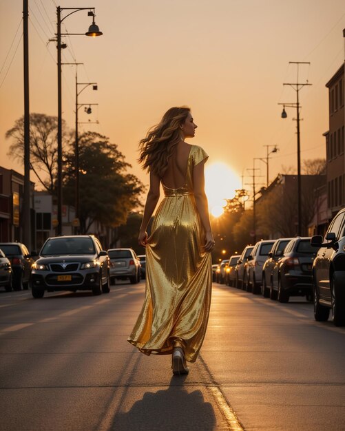 Bella giovane donna con un lungo vestito giallo che cammina per strada al tramonto ai generative