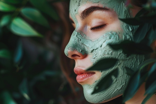 Bella giovane donna con una maschera facciale sul viso con foglie verdi sullo sfondo