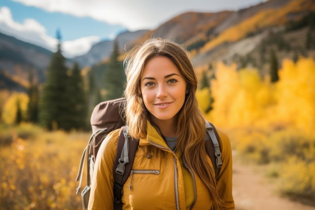 Bella giovane donna con uno zaino che fa un'escursione nelle montagne di autunno