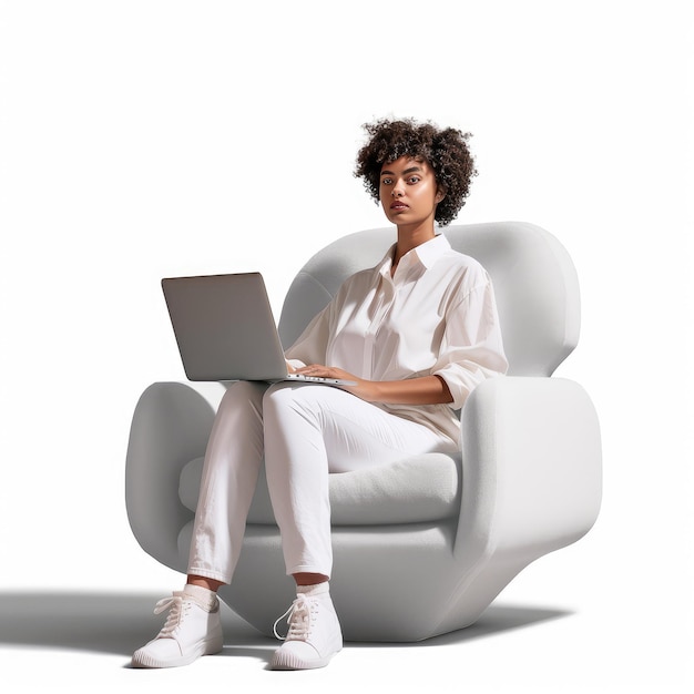Bella giovane donna d'affari seduta su una sedia bianca con il primo piano estremo del computer portatile moderno IA generativa