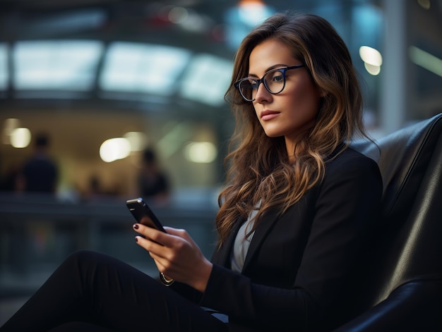 Bella giovane donna di affari in vetri con lo smartphone Generativo Al