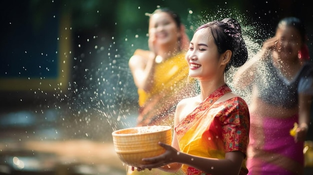 Bella giovane donna di buon umore Donna asiatica che spruzza acqua durante il tradizionale evento thailandese Water Songkran Generative AI