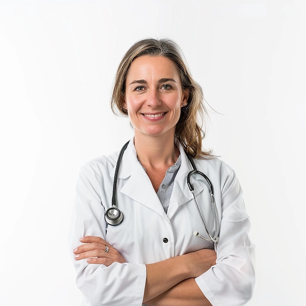 Bella giovane donna donna dottore che guarda la telecamera con un sorriso