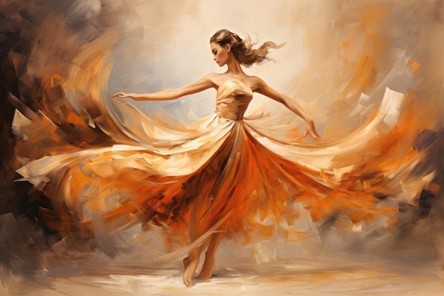 bella giovane donna in abito bianco che balla su uno sfondo arancione con onde azione danza volante posa di una donna che balla balletto stile pittura ad olio AI generato