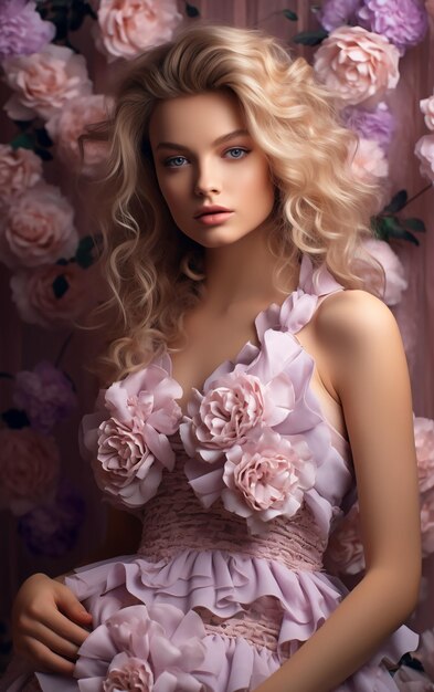Bella giovane donna in abito elegante circondata da fiori