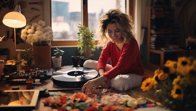 Bella giovane donna in maglione rosso seduta sul pavimento e suonando un disco in vinile