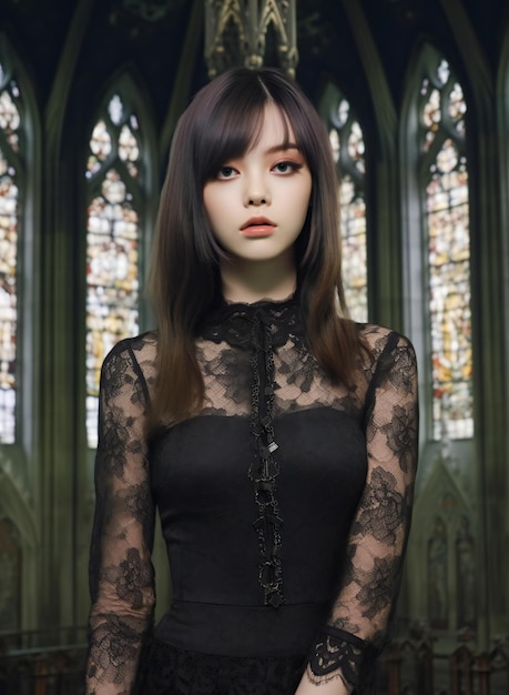 Bella giovane donna in un abito di pizzo nero in stile gotico