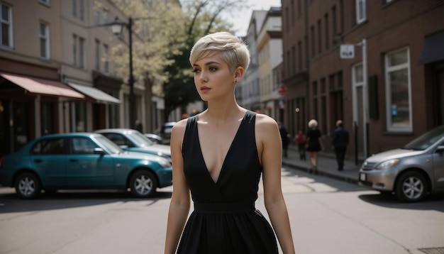 Bella giovane donna in un bellissimo vestito sulla strada della città ai generativo
