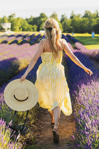 Bella giovane donna in un campo pieno di fiori di lavanda