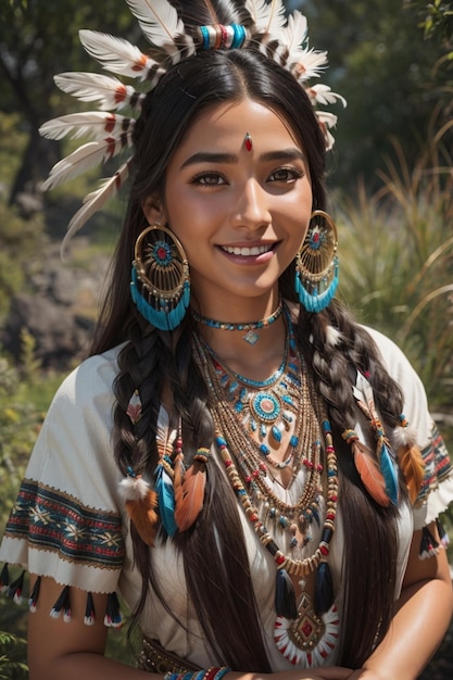 Bella giovane donna nativa americana in costume tradizionale