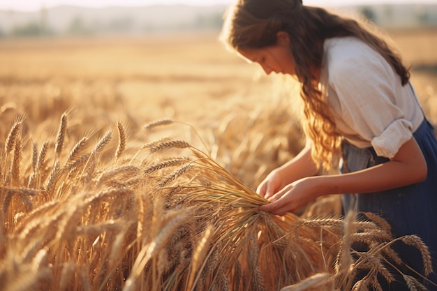 Bella giovane donna nel campo di grano al tramonto concetto di raccolta