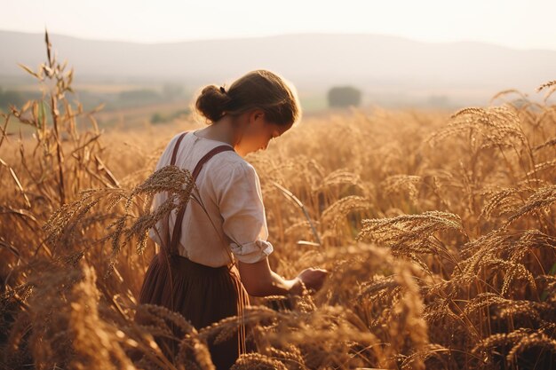 Bella giovane donna nel campo di grano al tramonto concetto di raccolta