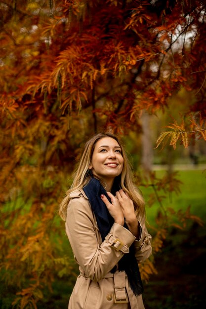 Bella giovane donna nel parco di autunno