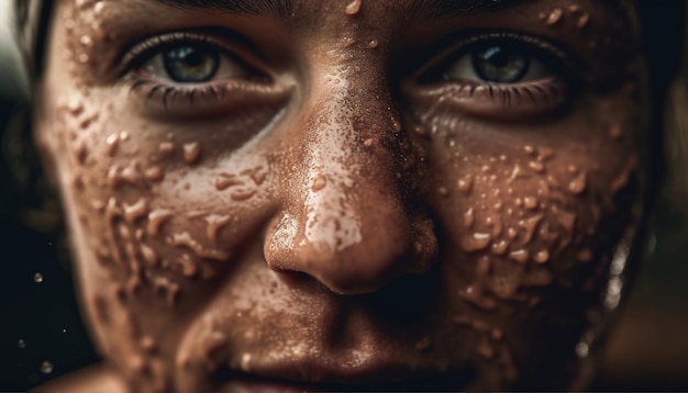 Bella giovane donna sorridente che guarda l'obbiettivo con i capelli bagnati generati dall'intelligenza artificiale