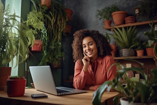 Bella giovane donna sorridente con i capelli ricci che lavora al computer portatile e beve caffè seduto al caffè IA generativa
