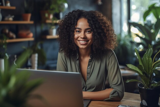 Bella giovane donna sorridente con i capelli ricci che lavora al computer portatile e beve caffè seduto al caffè IA generativa