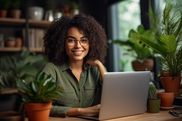 Bella giovane donna sorridente con i capelli ricci che lavora al computer portatile e beve caffè seduto al caffè IA generativa
