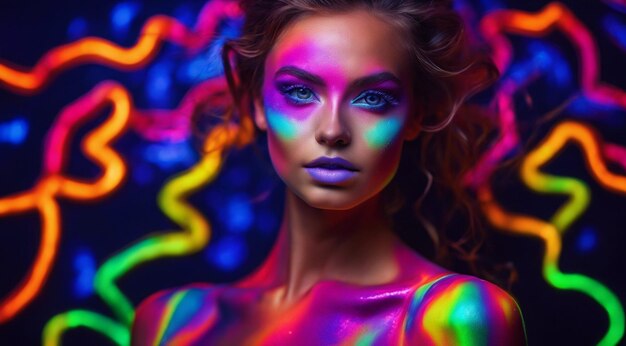 bella giovane donna UV neon pigmento trucco colori fluorescenti sfondo scuro donna con trucco UV