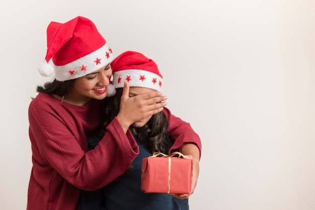 Bella giovane madre che copre gli occhi di sua figlia che dà un regalo di Natale.