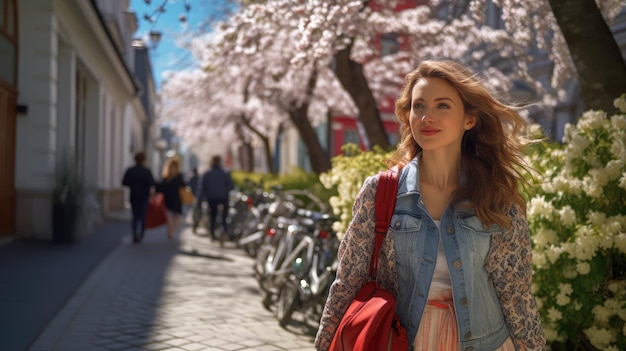 Bella giovane modella elegante che cammina e passeggiano all'aperto in un soleggiato giorno di primavera