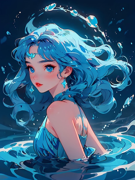Bella giovane ragazza anime con lunghi capelli blu e vestito blu visualizzazione del segno zodiacale dell'Acquario