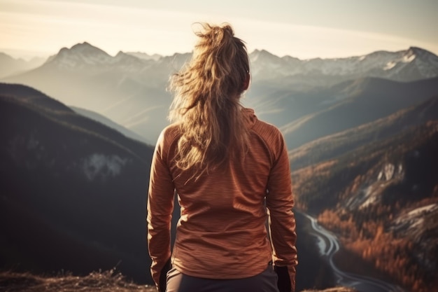 Bella giovane ragazza atletica che esamina il sole nelle montagne vista dalla parte posteriore