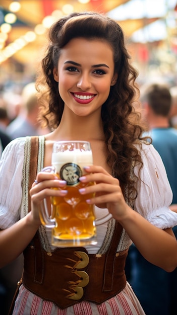 Bella giovane ragazza castana in Dirndl beve