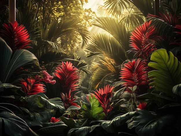 Bella giungla rossa di foglie di palma lussureggianti AI generativa