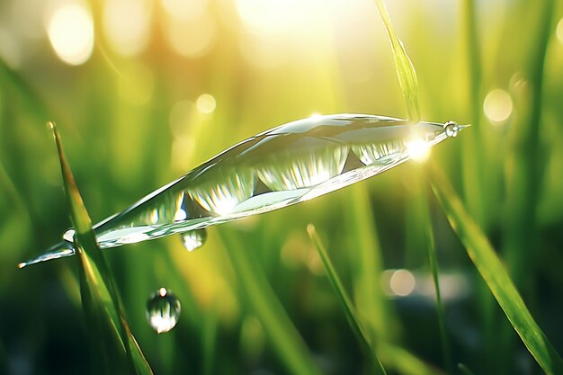 Bella goccia d'acqua scintillante su un filo d'erba