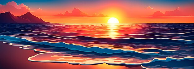 Bella illustrazione 3D di un tramonto tranquillo su una spiaggia