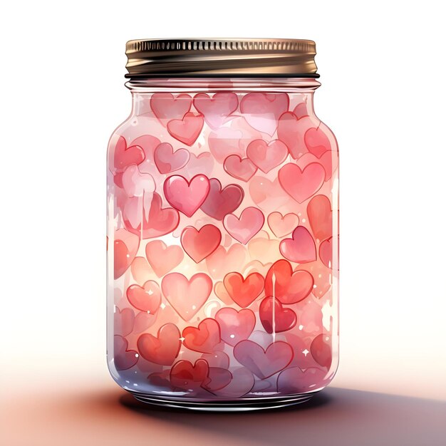 Bella illustrazione ad acquerello di un barattolo trasparente pieno di cuori d'amore rosa in stile disegnato a mano